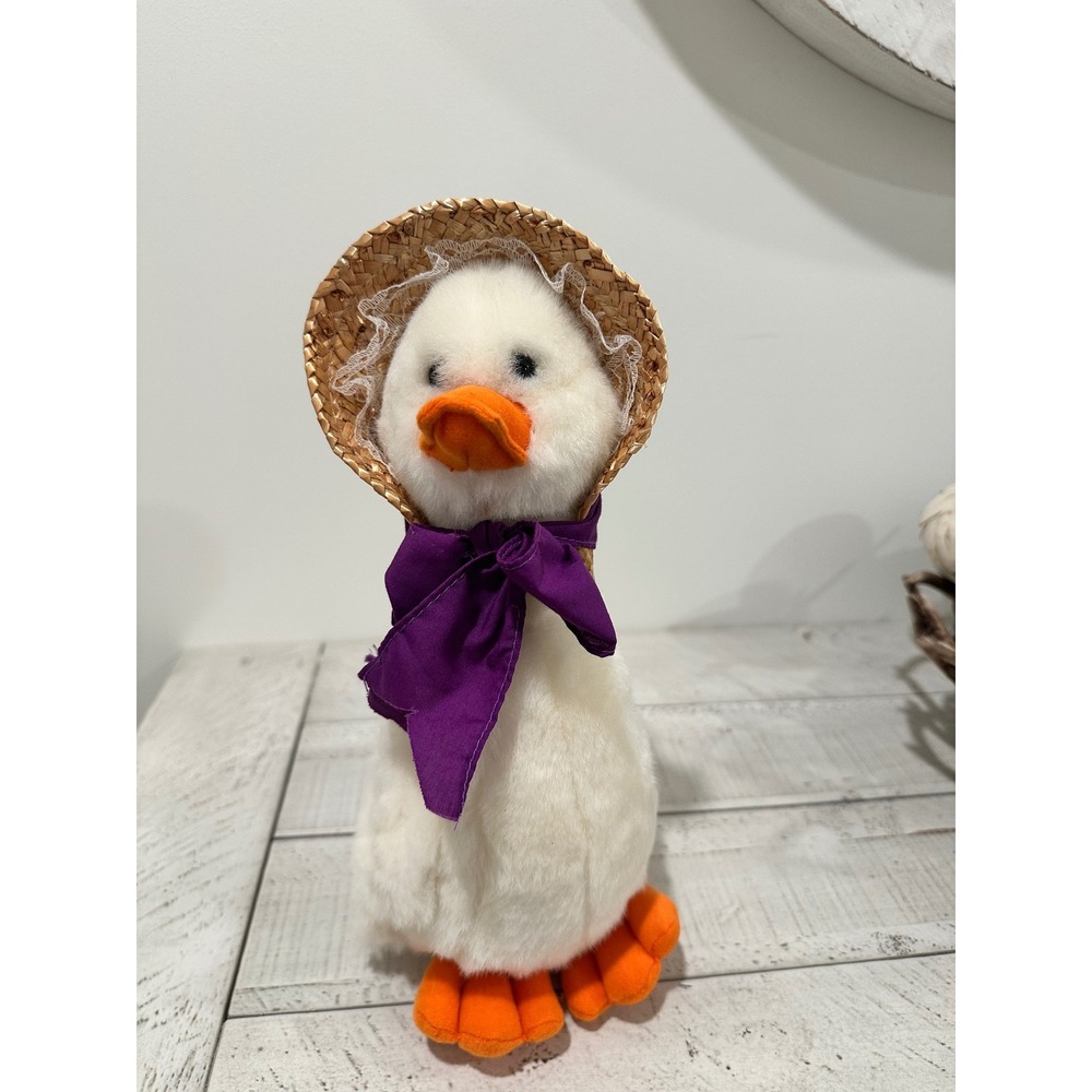 Vintage White Duck Plush Straw Bonnet Lace Purple Bow Farmhouse Stuffed Toy